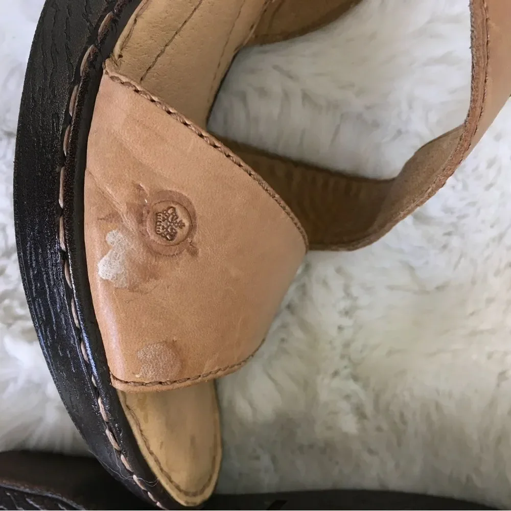 Born Women's Tan Leather Strappy Open Toe Wedge Sandals Size 9M